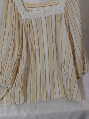 LC Lauren Conrad Cream and Tan Striped Square-Neck Tunic with Lace Trim